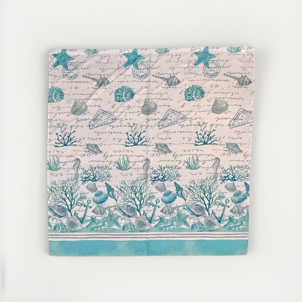 Caribbean Joe Shower Curtain 69"x71" White & Teal Sea Shells Travel Stamps NWOT